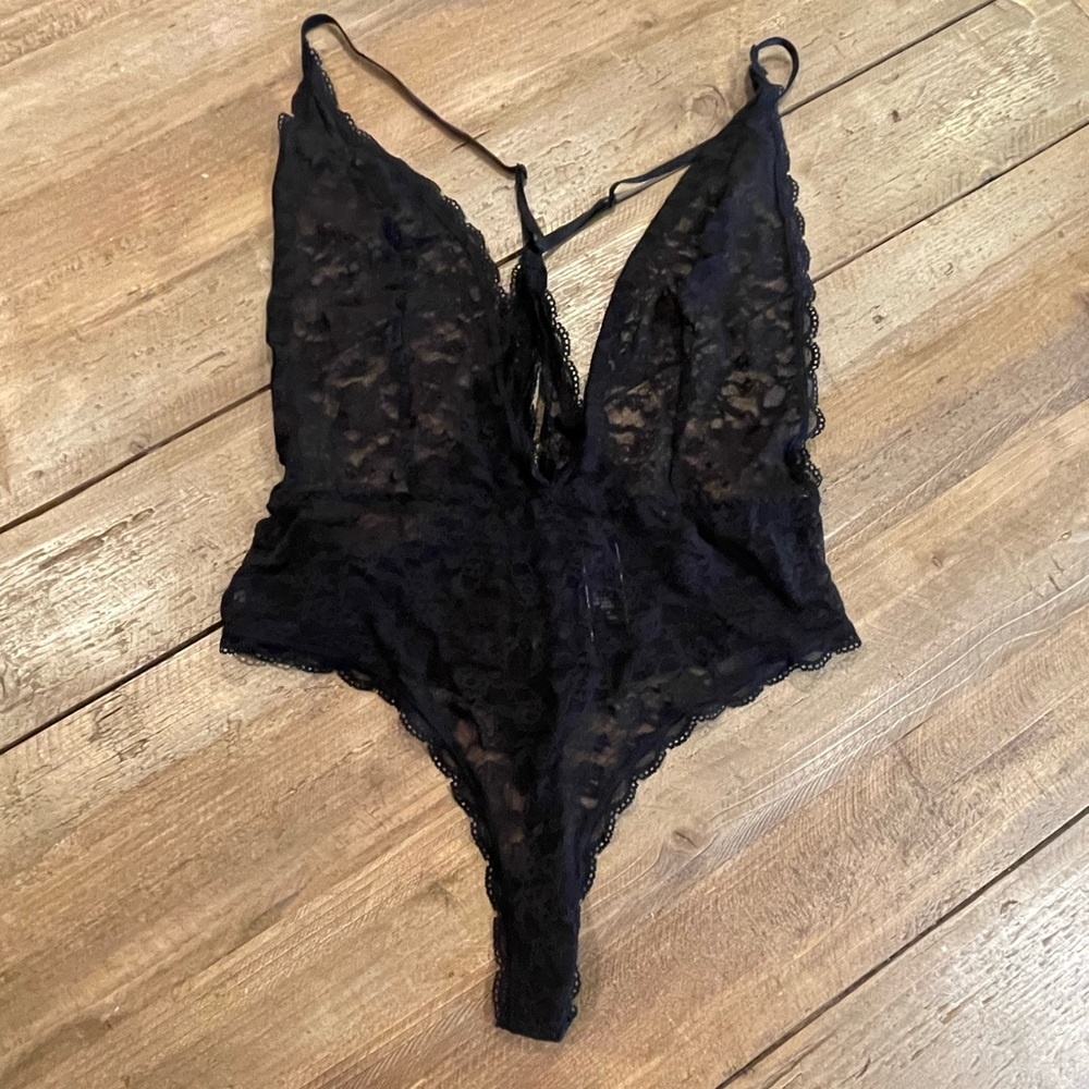 Victorias Secret Black Plunge Lace Body Suit with back cutouts